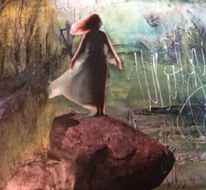 journal page, girl on rock